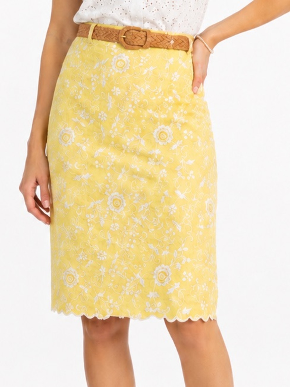 VTG 90's ABR New York Yellow Floral Embroidered 100% Linen Pencil Skirt Size 8